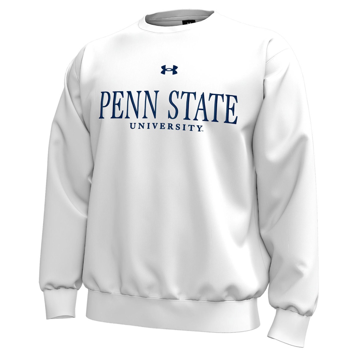 white crew neck Under Armour sweatshirt with embroidered Penn State University